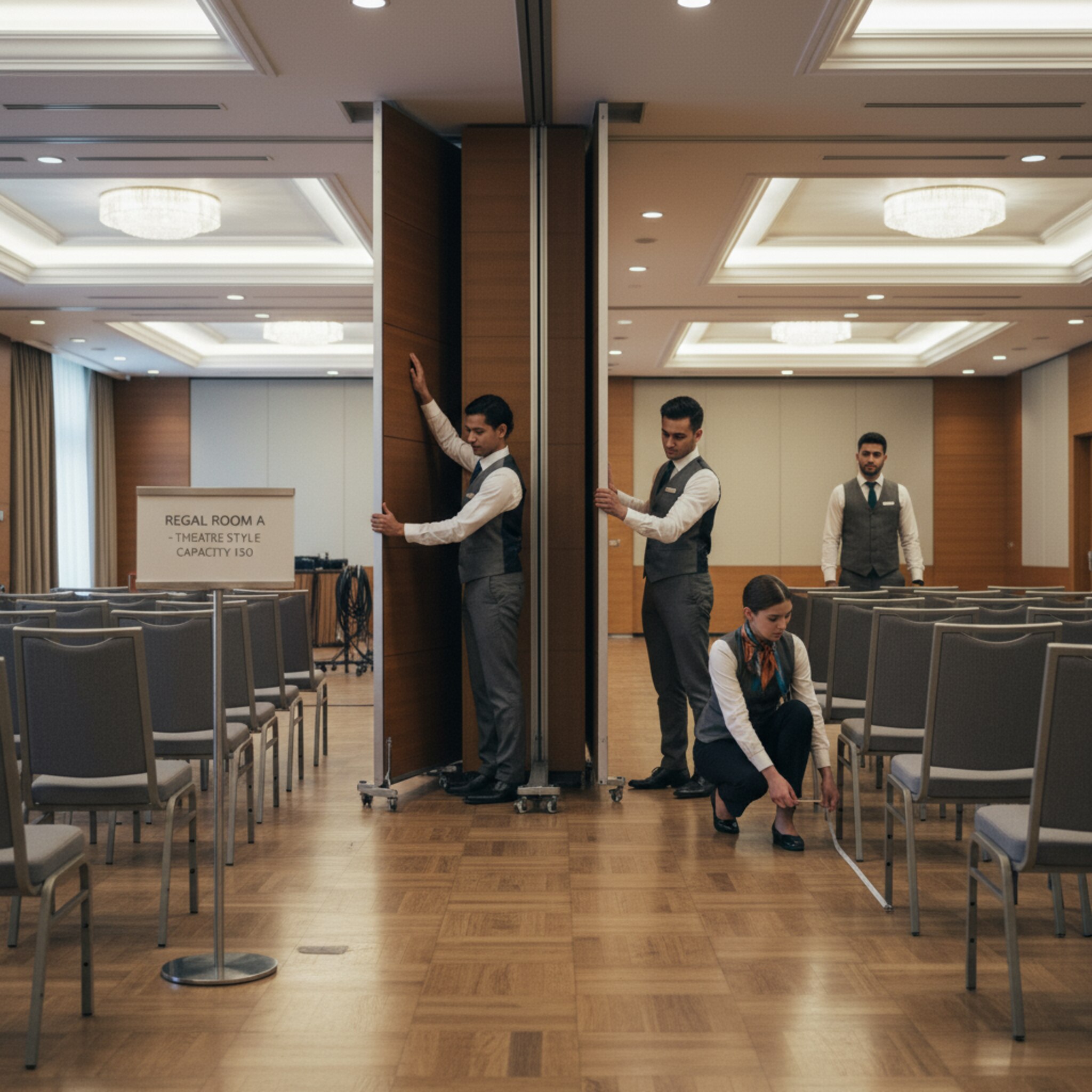 Ein Bankettteam schiebt eine mobile Trennwand, um einen großen Saal in zwei Sektionen zu teilen. Beschilderung am Eingang zeigt Bestuhlungsform und maximale Kapazität. Sanftes Deckenlicht spiegelt sich auf dem Parkett. Ein Mitarbeiter prüft diskret die Abstände zwischen Stuhlreihen.