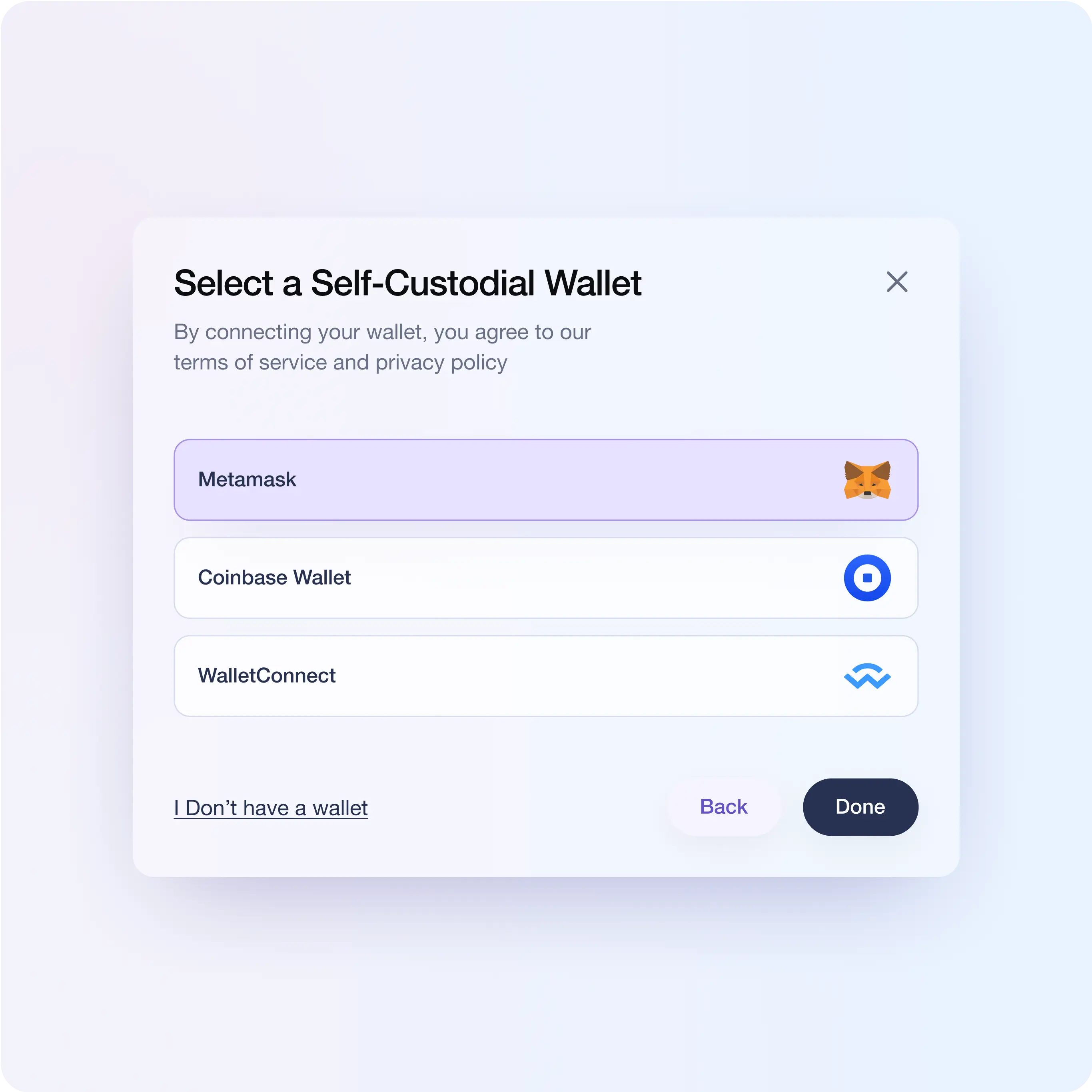 Umoja Protocol app screen for selecting a self-custodial wallet. The screen offers three options: Metamask, Coinbase Wallet, and WalletConnect. There is also a link for users who don't have a wallet. The interface is minimalistic with a light background and purple and white text.