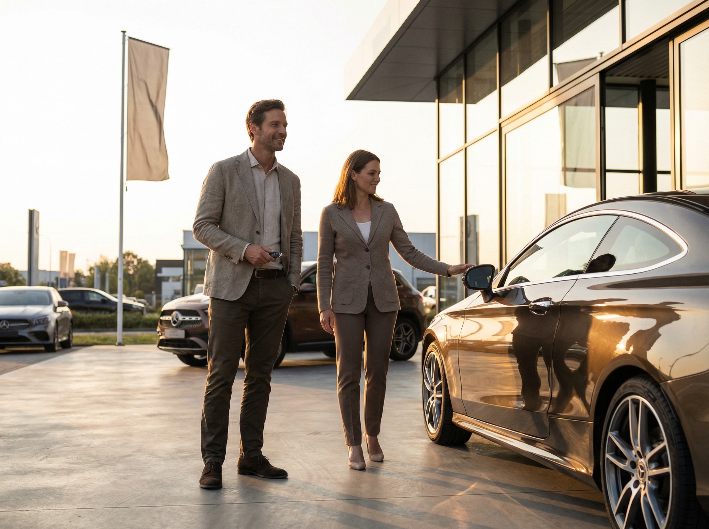 Ein Kunde hält vor dem Showroom-Panorama den Schlüssel eines glänzenden Coupés in der Hand, während ein Verkäufer lächelnd auf den Parkplatz zeigt. Sonnenlicht spiegelt sich auf dem Lack, leichte Windbewegung lässt eine Flagge flattern. Der Moment wirkt erwartungsvoll, ruhig und wertig.