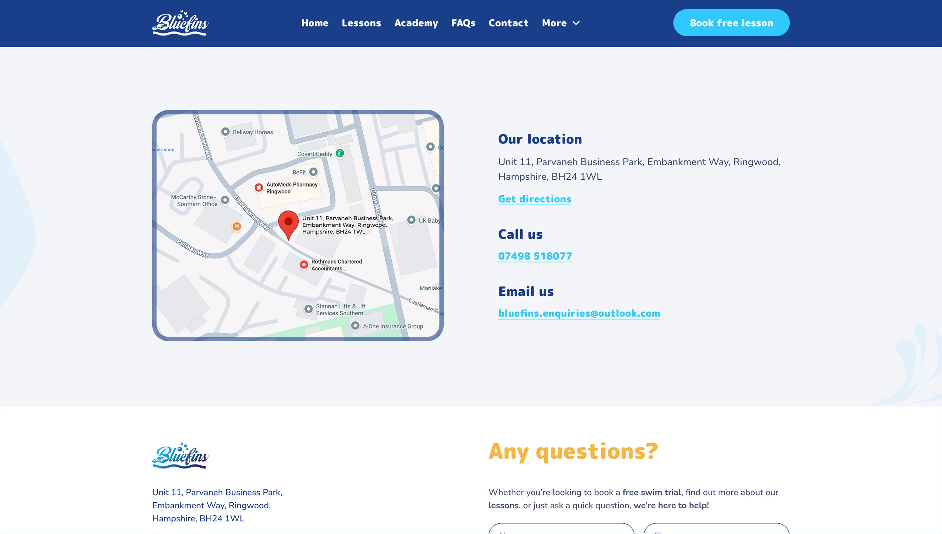 Website performance showing 40+ enquiries within 24 hours and top Google rankings for local swim school searches