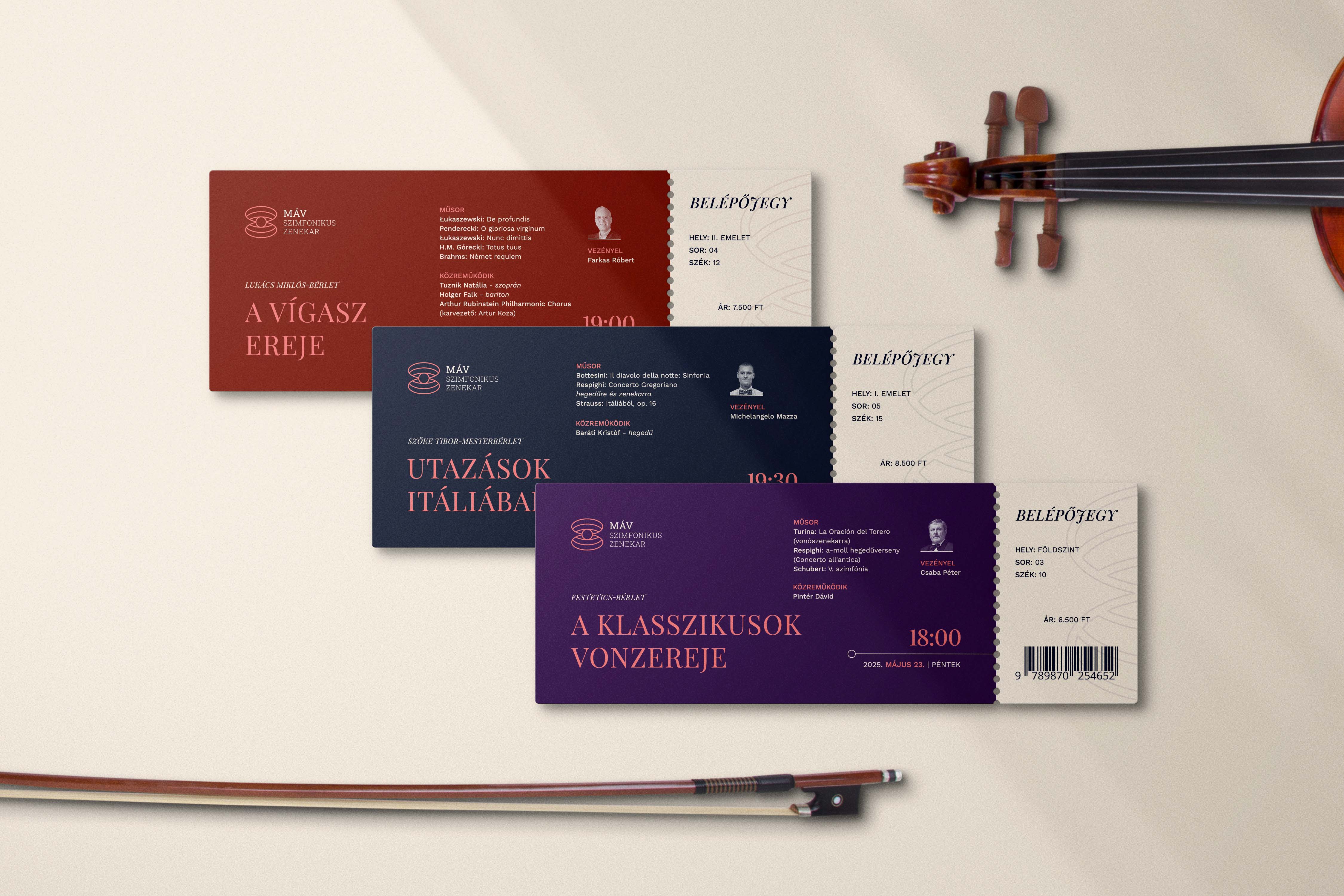 Concert ticket set in red, blue and purple for different performances with V1 logo - MÁV Symphony Orchestra, a symphony orchestra brand identity.