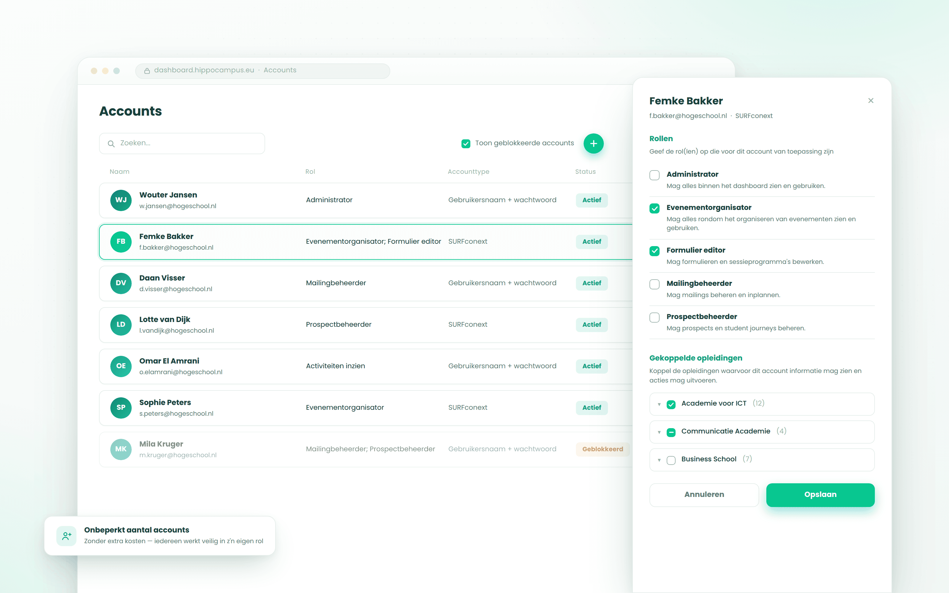 Hippocampus-dashboard met de accountpagina en het instellen van gebruikersrollen