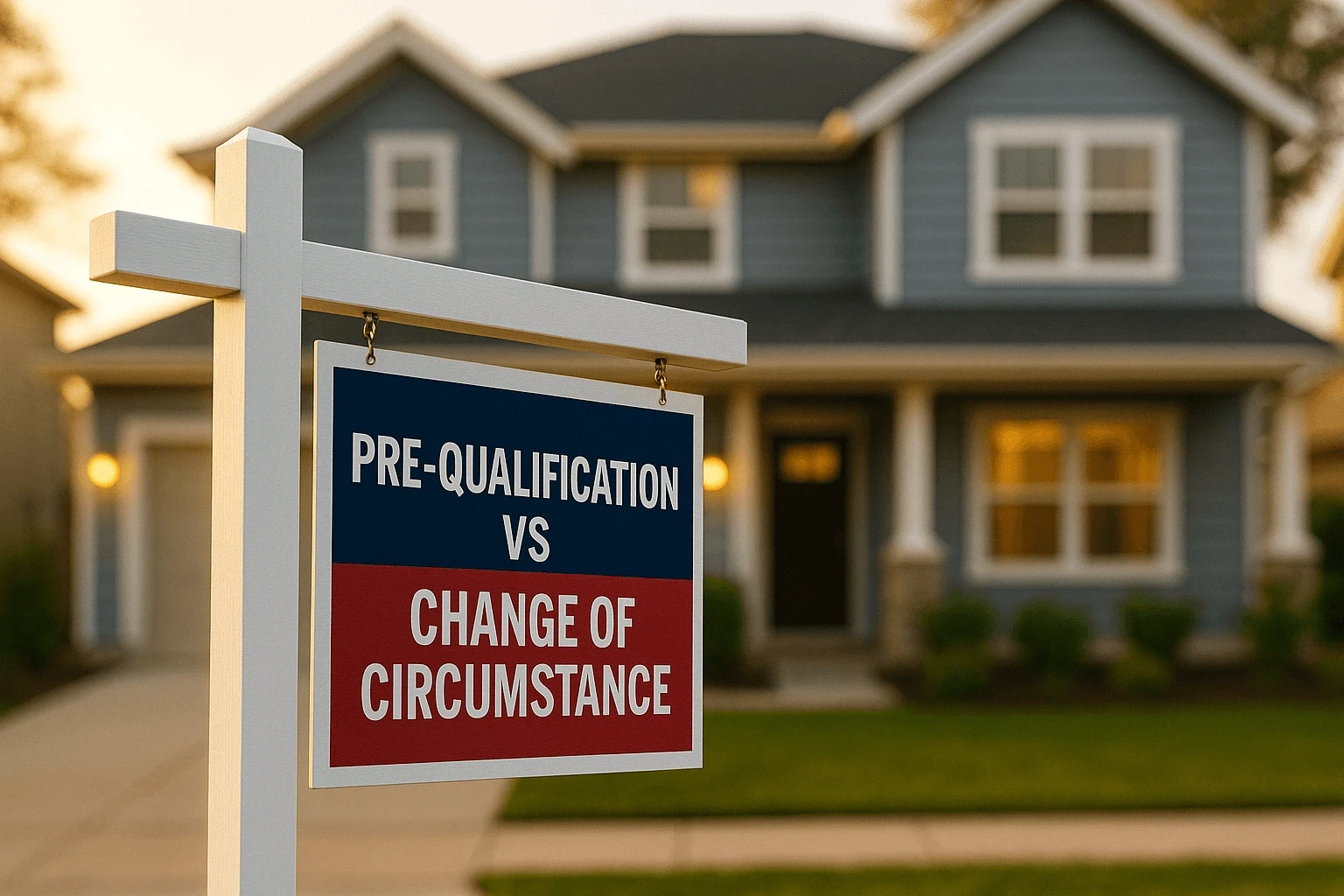 Real estate sign in front of a house displaying the words “Pre-qualification vs.Change of Circumstance