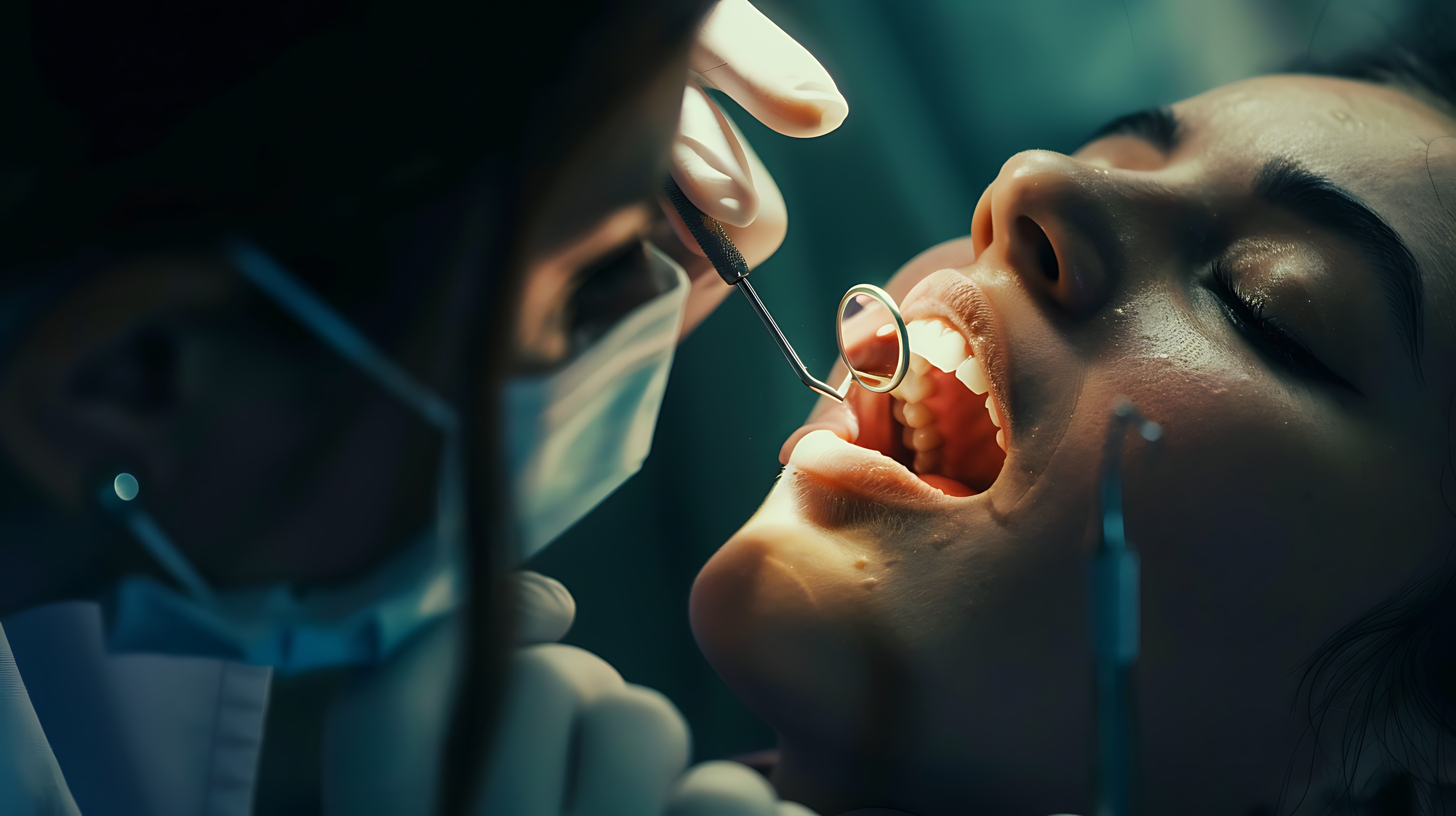 A patient receiving a dental examination, with a dentist using a dental mirror to inspect the teeth.