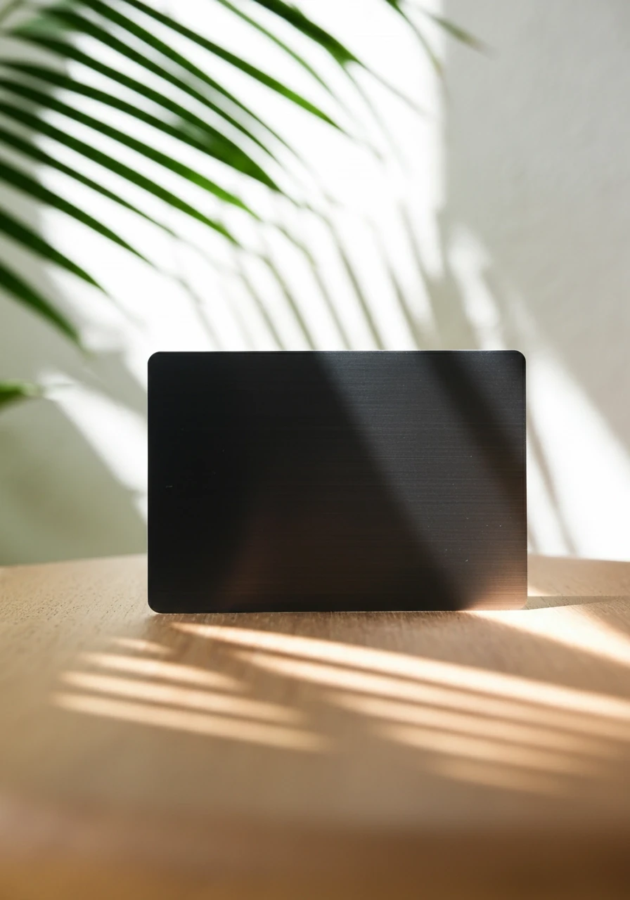 Forward facing, zoomed in Photograph of black metal minimal credit card. It has high-resolution, minimalist design featuring modern furniture in bright daylight. The room has a neutral color palette with soft shadows, set against a bright white background. Sunlight filters through leaves, creating a dappled light effect. The overall aesthetic is clean, sophisticated, and contemporary, emphasizing elegant simplicity and a cozy, refined atmosphere. The use of natural materials contributes to a balanced composition and a serene, stylish, uncluttered setting, ideal for artistic interior design and visual harmony in a relaxed environment.