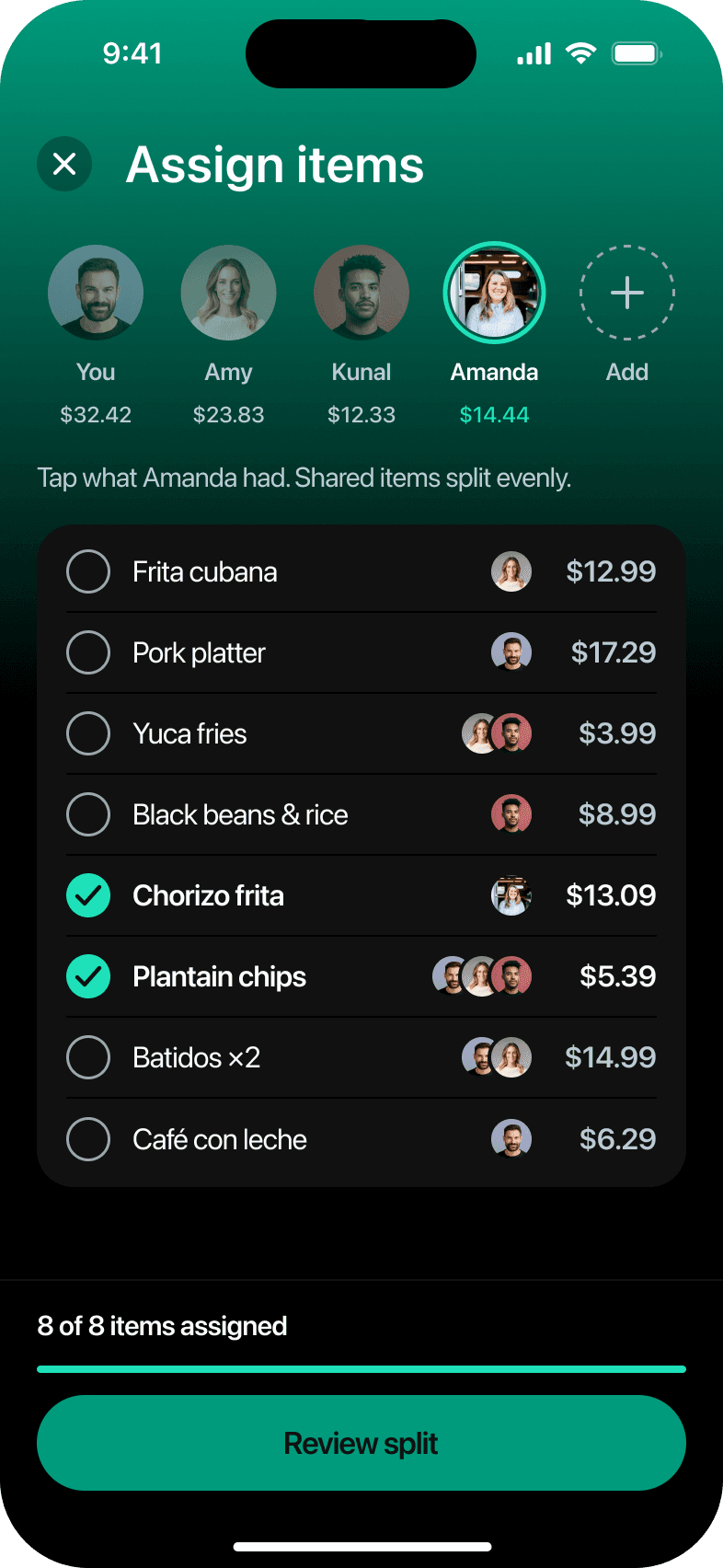 Assign items, Amanda selected, 16 taps in