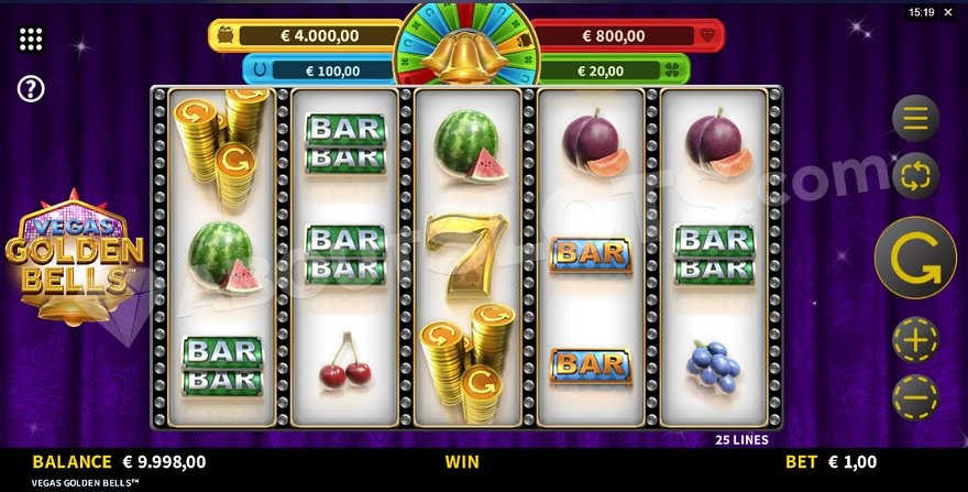 Vegas Golden Bells - aperçu du jeu (grille 5x3 et symboles)