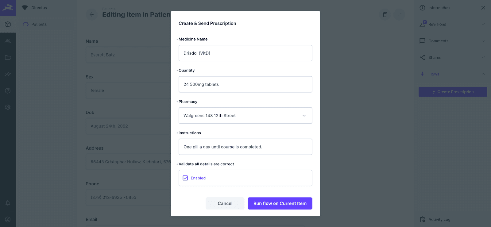 A dialog reads Create and Send Prescription. fields include medicine name, quantity, instructions, a dropdown with a pharmacy selector, and a checkbox to confirm validation.