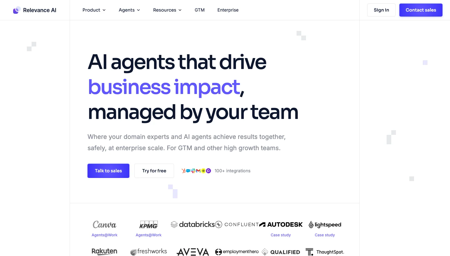 Relevance AI homepage: no-code platform for building custom AI agents