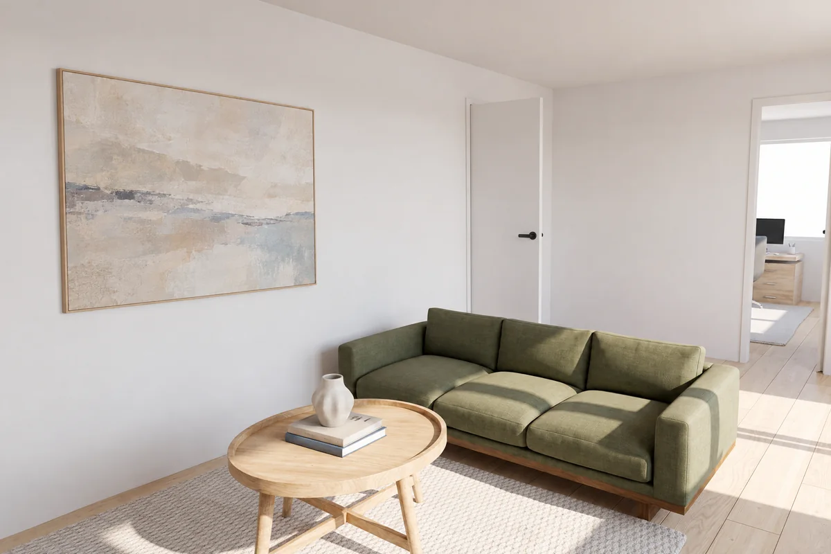 Living room rendered in a coastal style with the same custom sofa