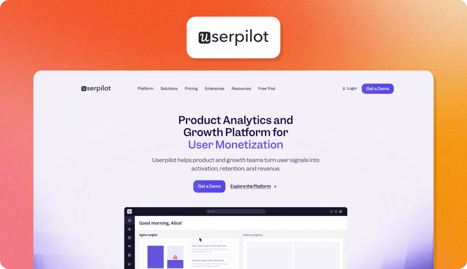 Userpilot homepage showing the tagline "Product Analytics and Growth Platform for User Monetization" with a dashboard preview