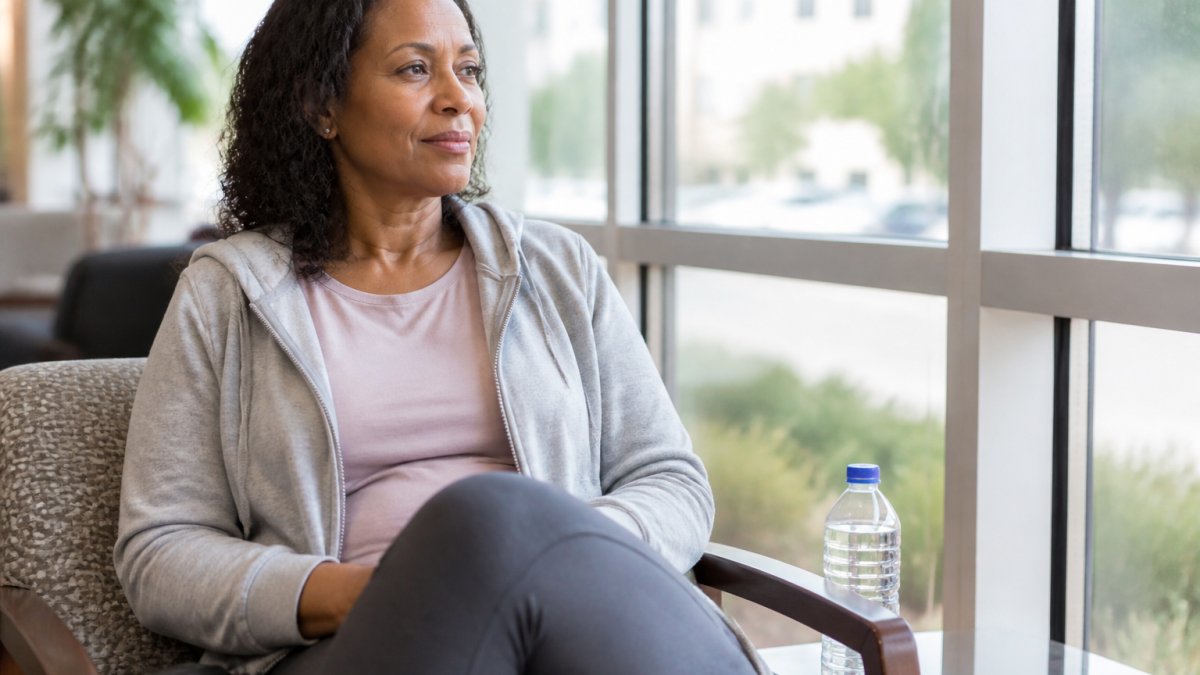 A woman in her forties sitting calmly in a clinic waiting area, wearing comfortable clothes, with a relaxed expression and a water bottle beside her