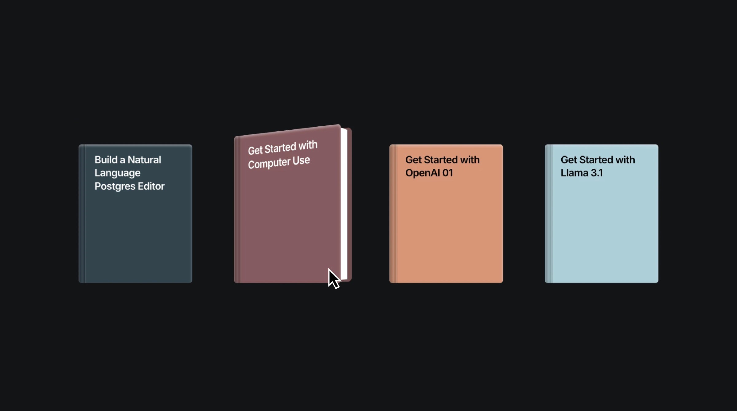 Four 3D book covers with titles for tech tutorials on a dark background