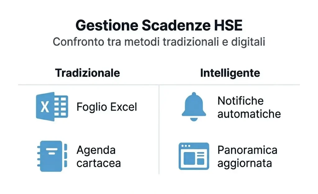 Infografica: confronto tra gestione delle scadenze HSE tradizionale e smart