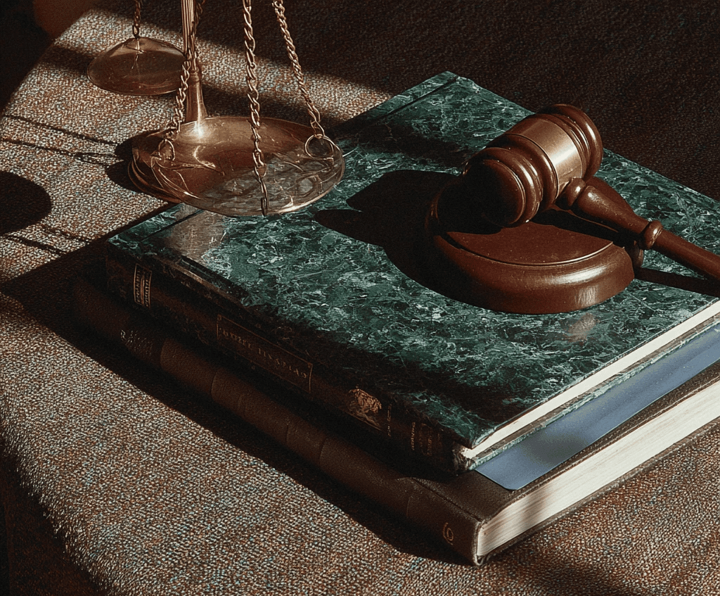 A wooden gavel and brass scales of justice rest on a stack of dark, marbled books, symbolizing legal integrity for a.