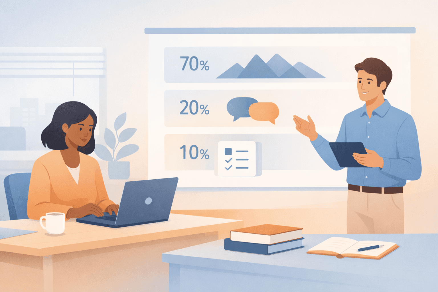 Modern workplace illustration of two professionals using a laptop and tablet beside a 70-20-10 learning model display.