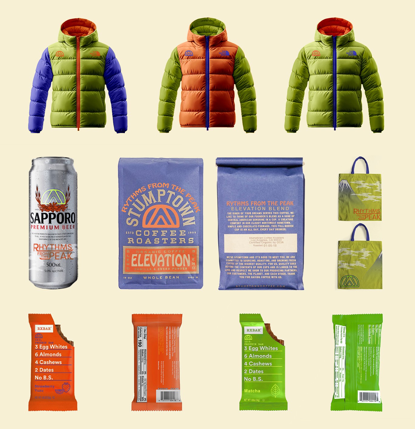 Mock up products with logo. Puffer jacket, beer can, coffee bean bag, tote bag, protien bar