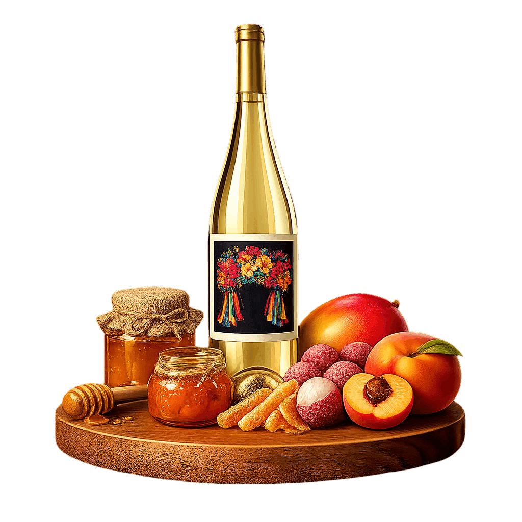 Artistic label and flavor profile for Moldovan Ice Wine on a rustic wooden table.