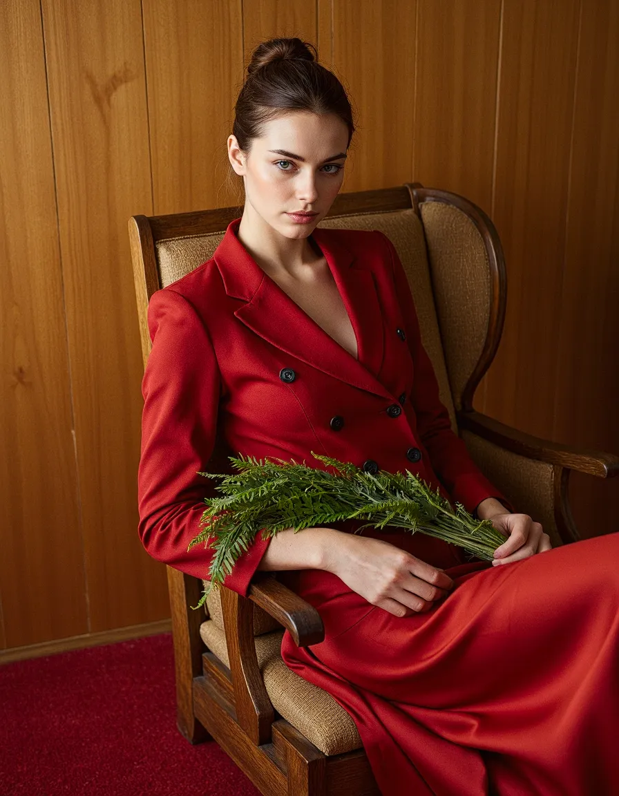 Woman in red suit seated in vintage chair holding evergreen branches against wooden wall backdrop