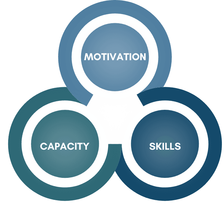 Behaviour Change infographic showing the 3 elements of behaviour change - motivation, capacity and skills.