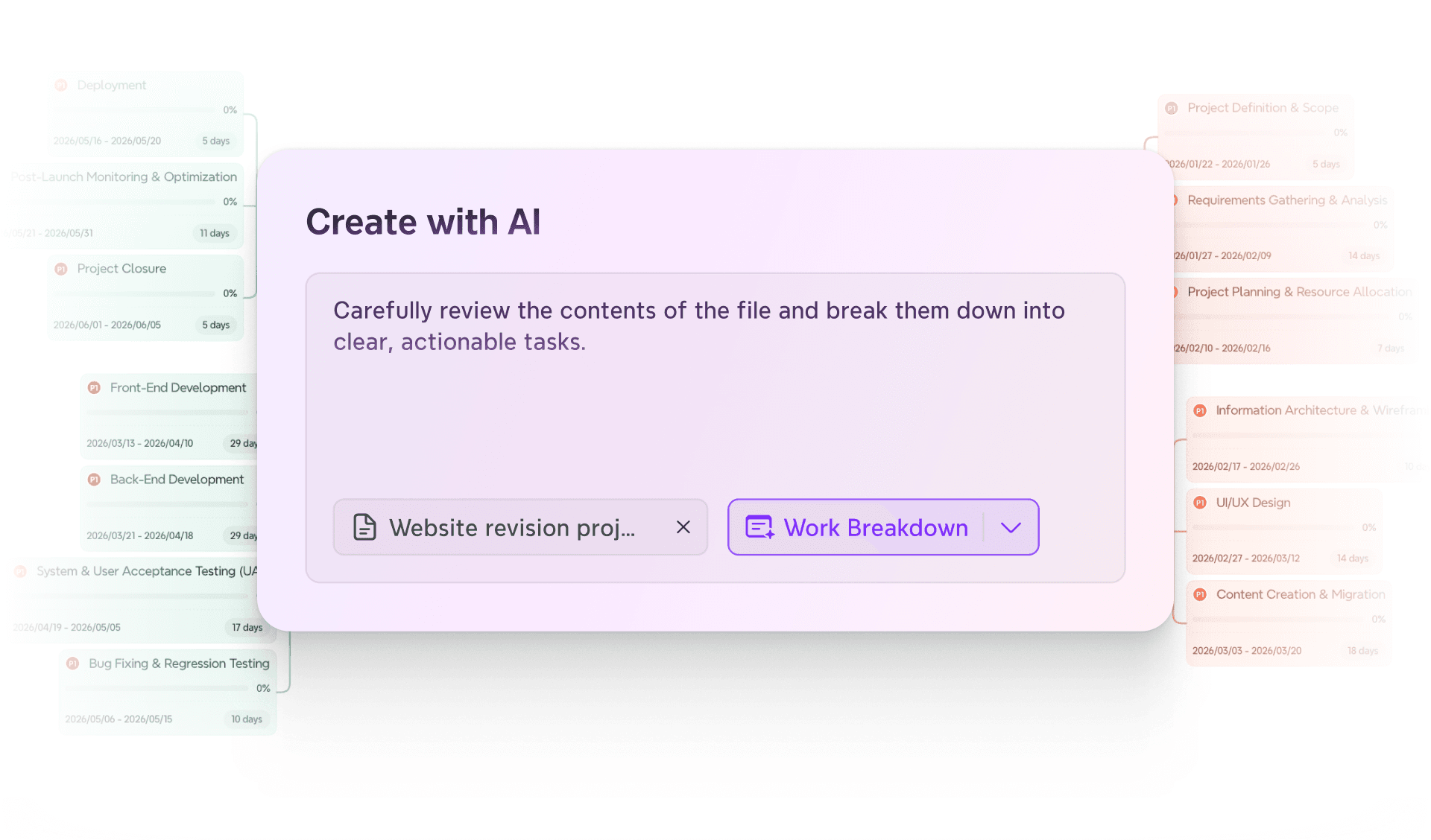 Project planning in Xmind — use AI to analyze project content and generate structured, actionable work breakdowns.