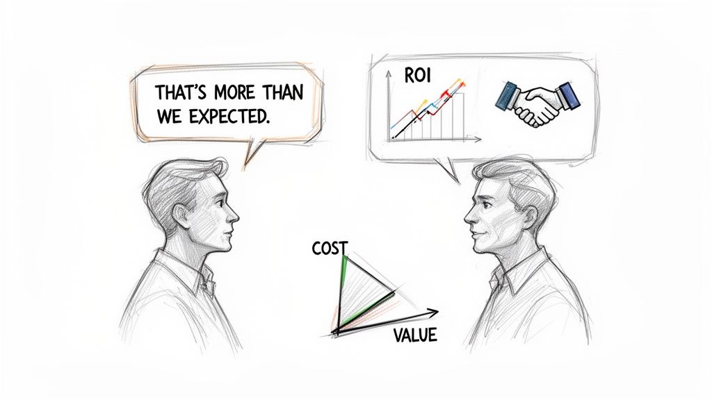 Two men discussing business outcomes, one surprised by positive results, the other showing good ROI and a handshake.