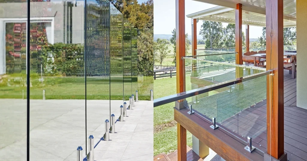 Side-by-side comparison of frameless and framed glass railings on outdoor patios with natural backgrounds.