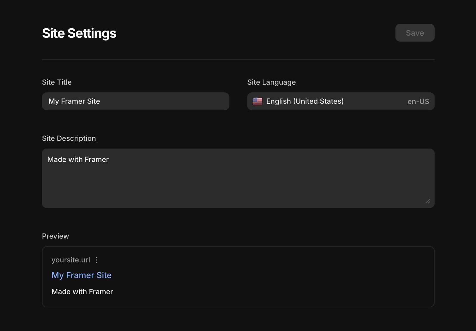 Site settings panel in Framer, showing options for site title, description, and language.