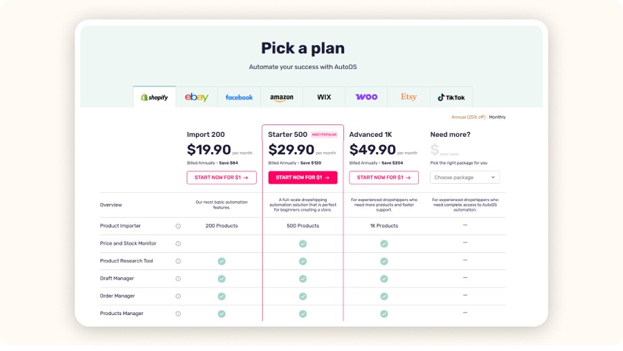 AutoDS pricing plan options