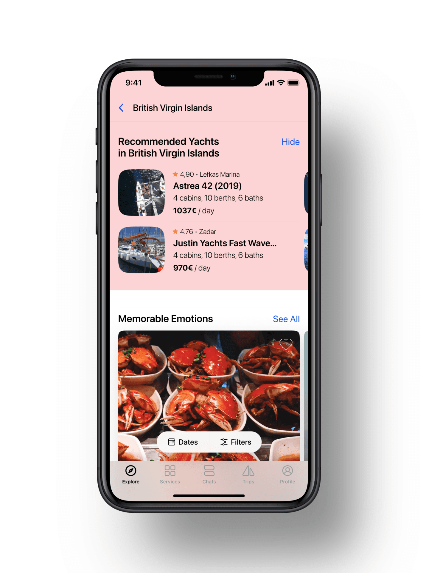 Screen with recommended yachts