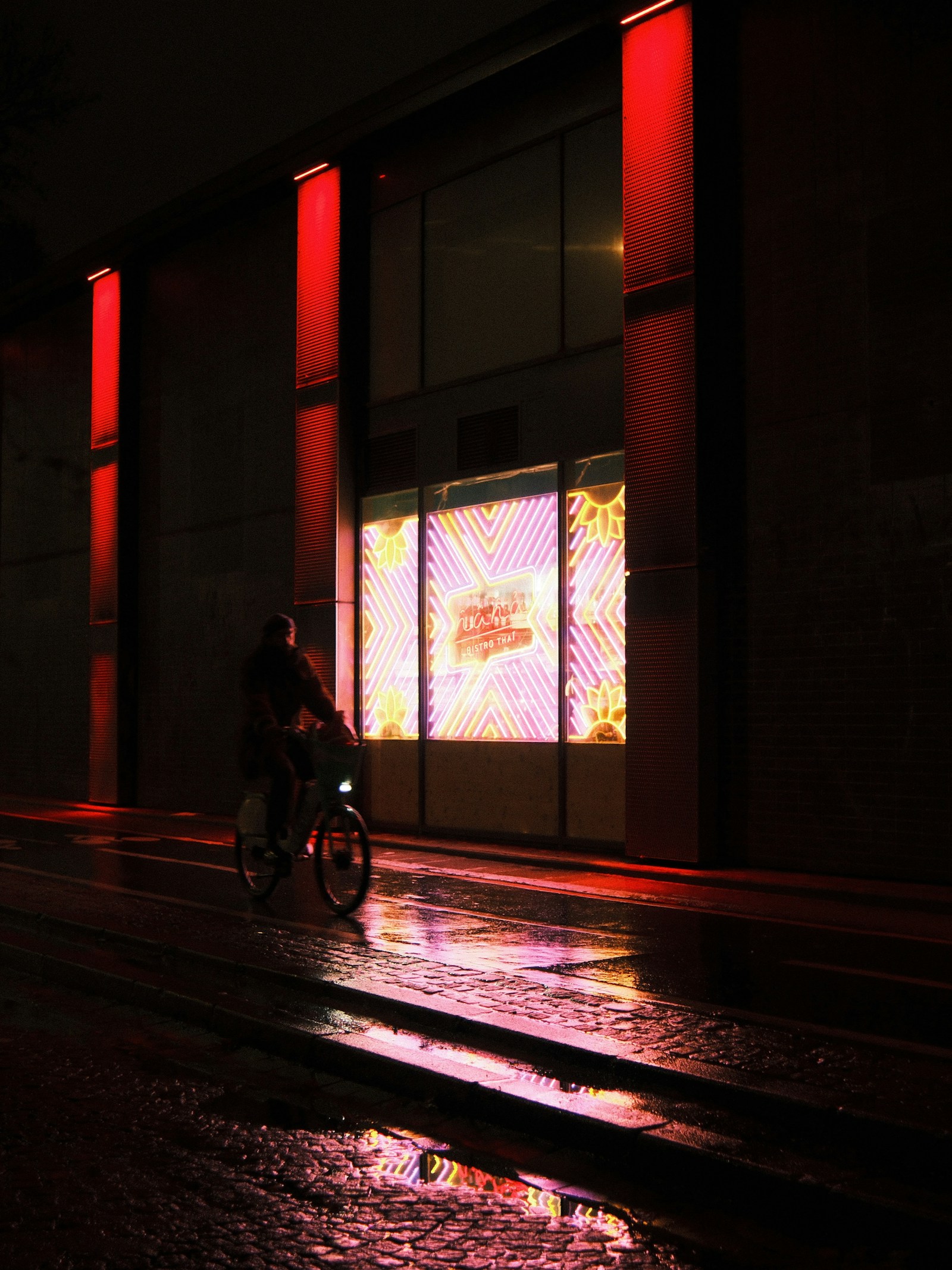 Man on bicycle rides past colorful illuminated storefront at night