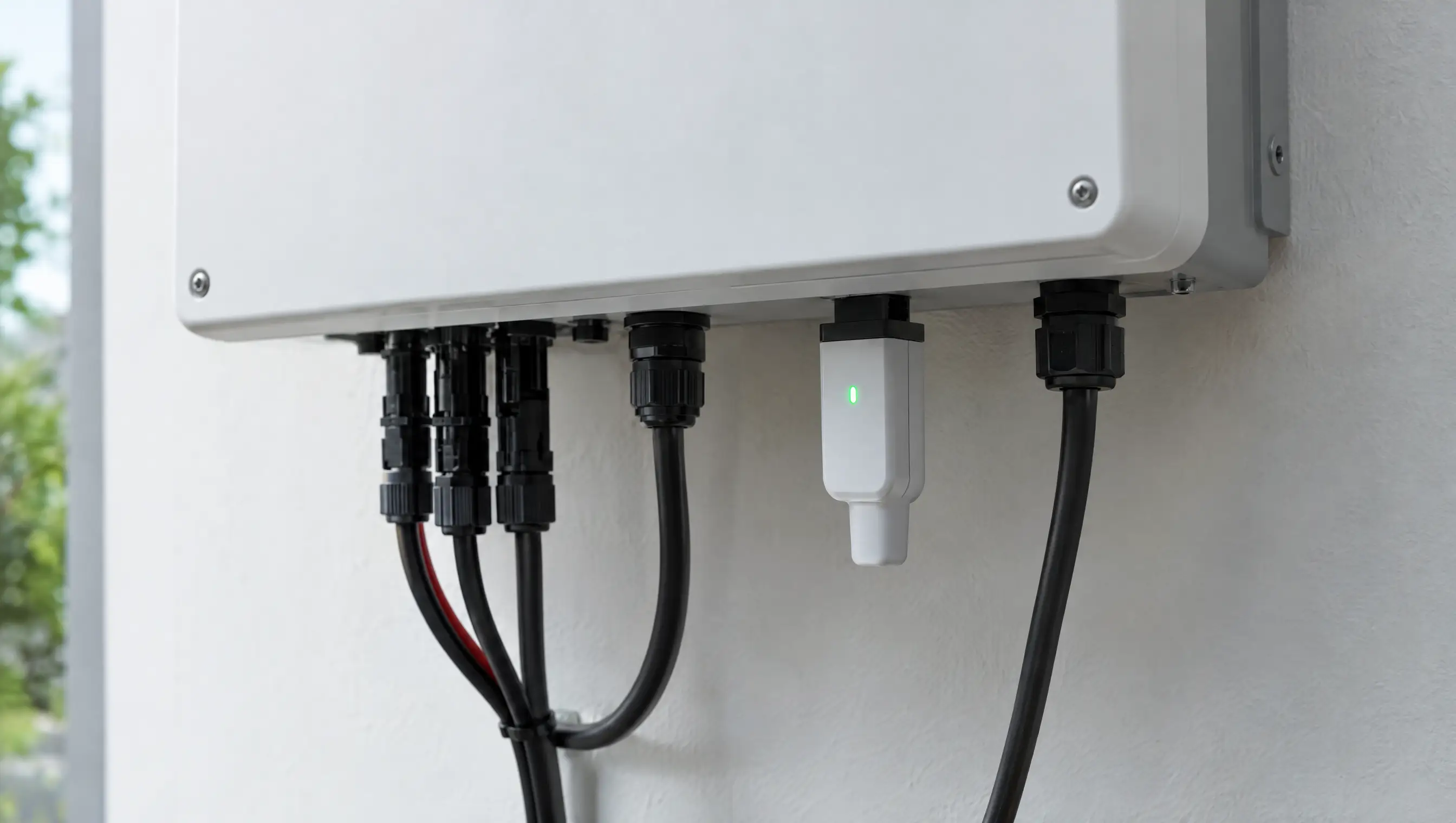 A solar inverter with a wireless monitoring dongle and a green status light
