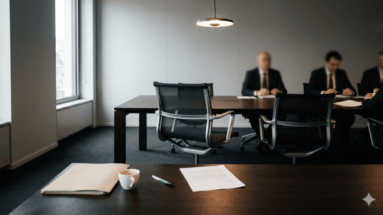 Table de réunion vide au premier plan, silhouettes floues d'une commission disciplinaire en arrière-plan
