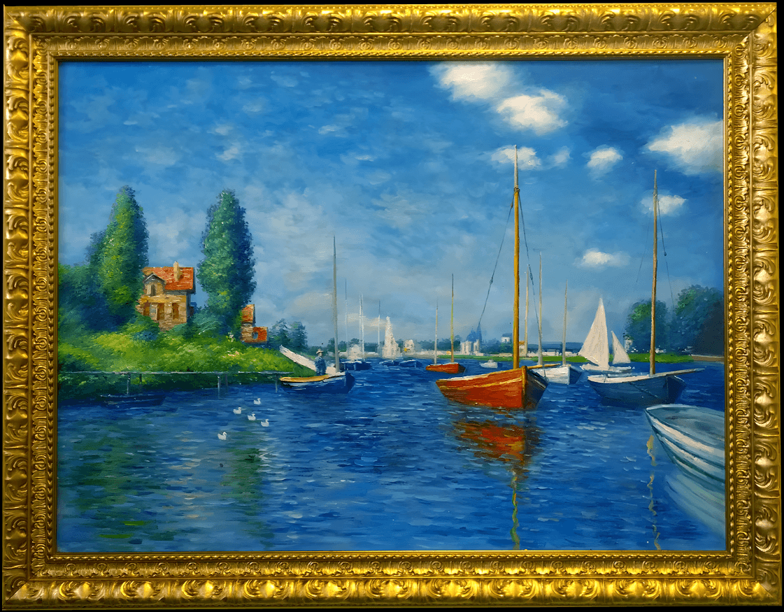 Barche rosse Argenteuil di Claude Monet, riproduzione dipinta a mano ad olio su tela, copia d'autore di qualità museale - Atelier della Copia d'Autore