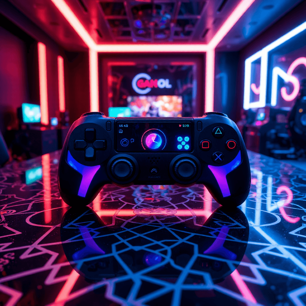 product photography of a mobile phone displaying a customizable gaming controller design interface