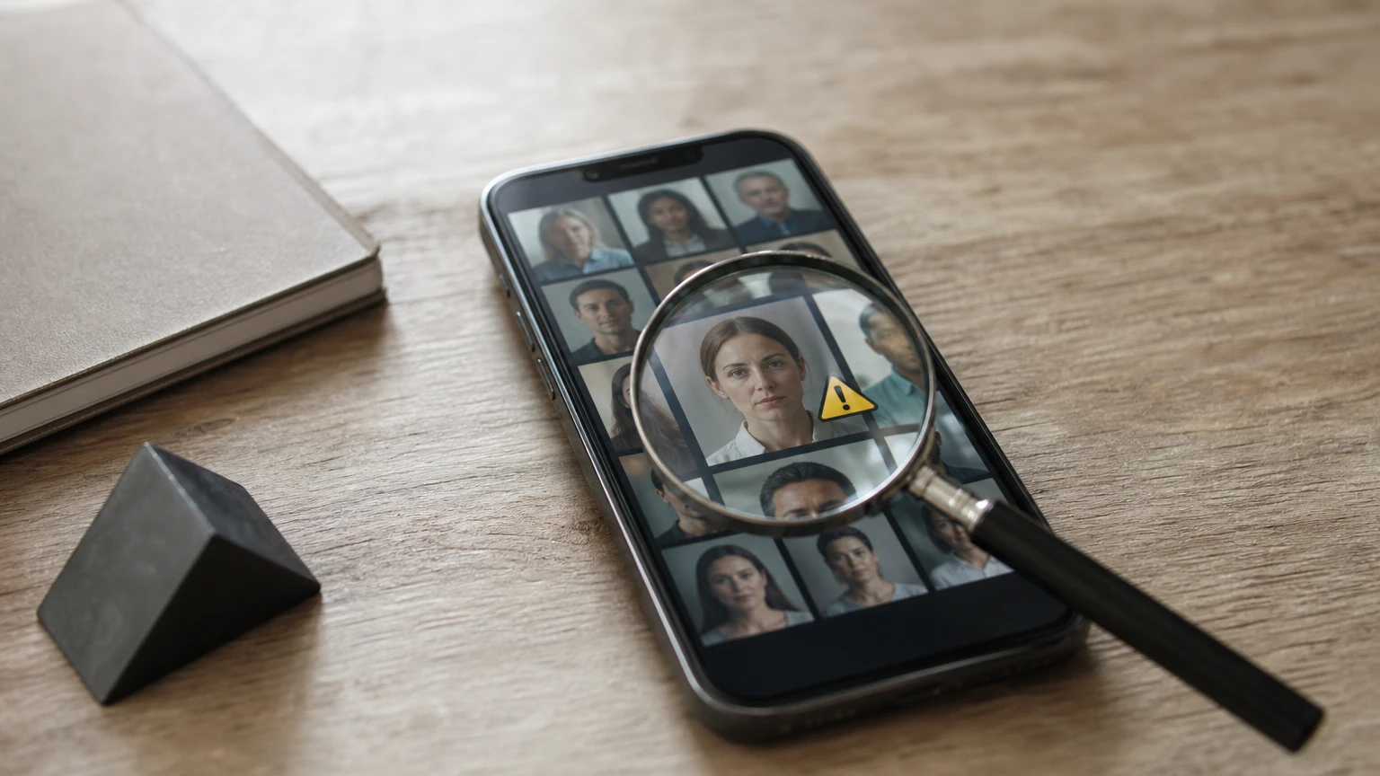 A phone screen displays a grid of faces with a magnifying glass highlighting one and a warning icon nearby.
