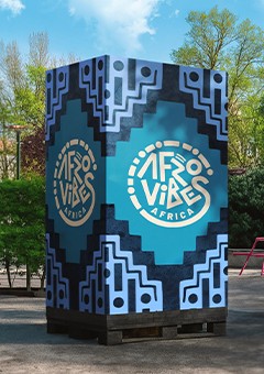 Afrovibes Africa visual identity application — logo, pattern and colour system, MetaCraft. 