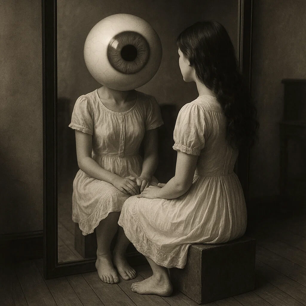 Surreal black-and-white image of two women, one with an eye for a head — symbolizing self-reflection, awareness and transformation in GUFR’s personal coaching.