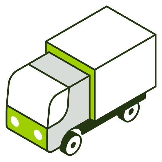 Green delivery truck icon symbolizing real-time logistics, tracking, and multi-warehouse visibility.