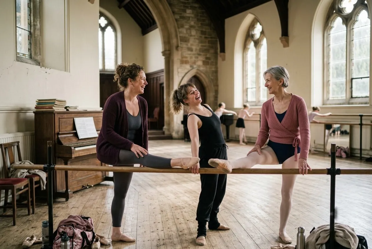 Adult ballet pupils stretching and laughing at the barre