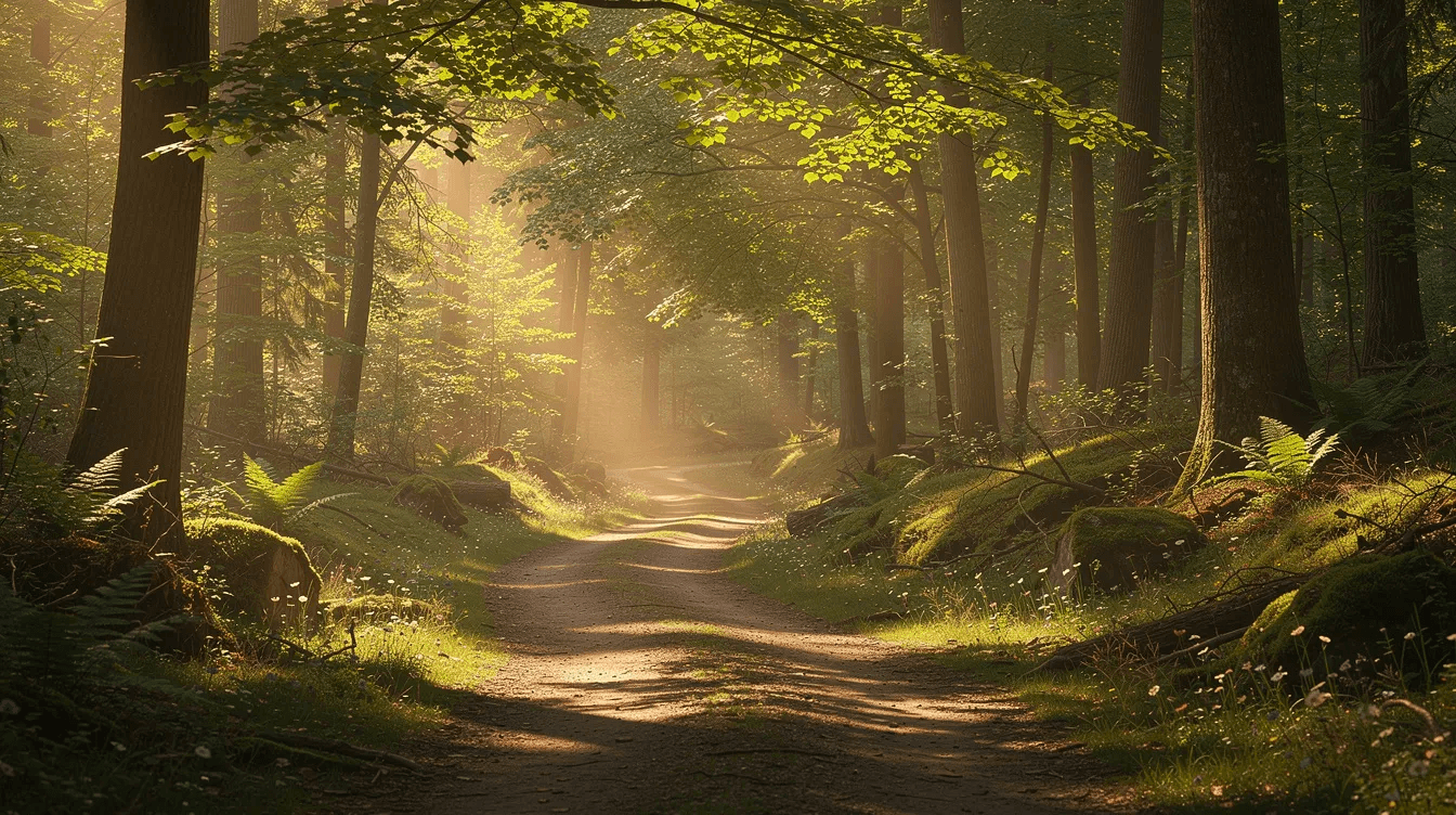 A winding path meanders through a sunlit forest, where dappled shadows dance on the ground, creating a serene atmosphere that invites reflection. This tranquil scene evokes feelings of peace and hope, much like the emotional stages one navigates when dealing with inheritance guilt after receiving wealth from a loved one.