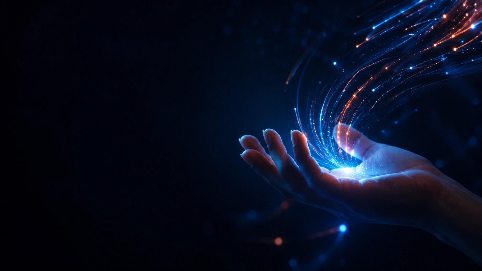 Futuristic digital agency hero background showing a realistic hand activating blue and orange light trails, symbolizing brand growth and digital presence.