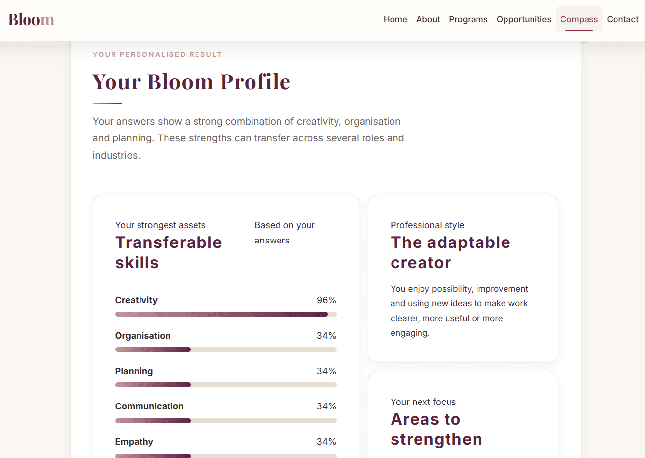 Bloom personalised profile results showing transferable skills, professional style, and areas to strengthen.