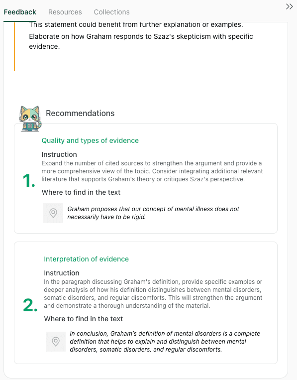 thesify recommendations card listing high impact suggestions on quality and interpretation of evidence, linked to specific sentences in the essay.