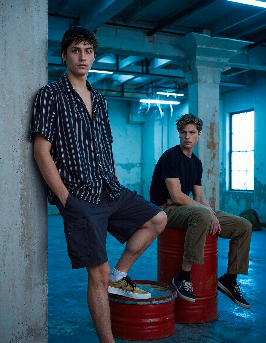 Artistic fashion photography in teal-lit industrial warehouse featuring striped shirt and black tee styling with red barrel props