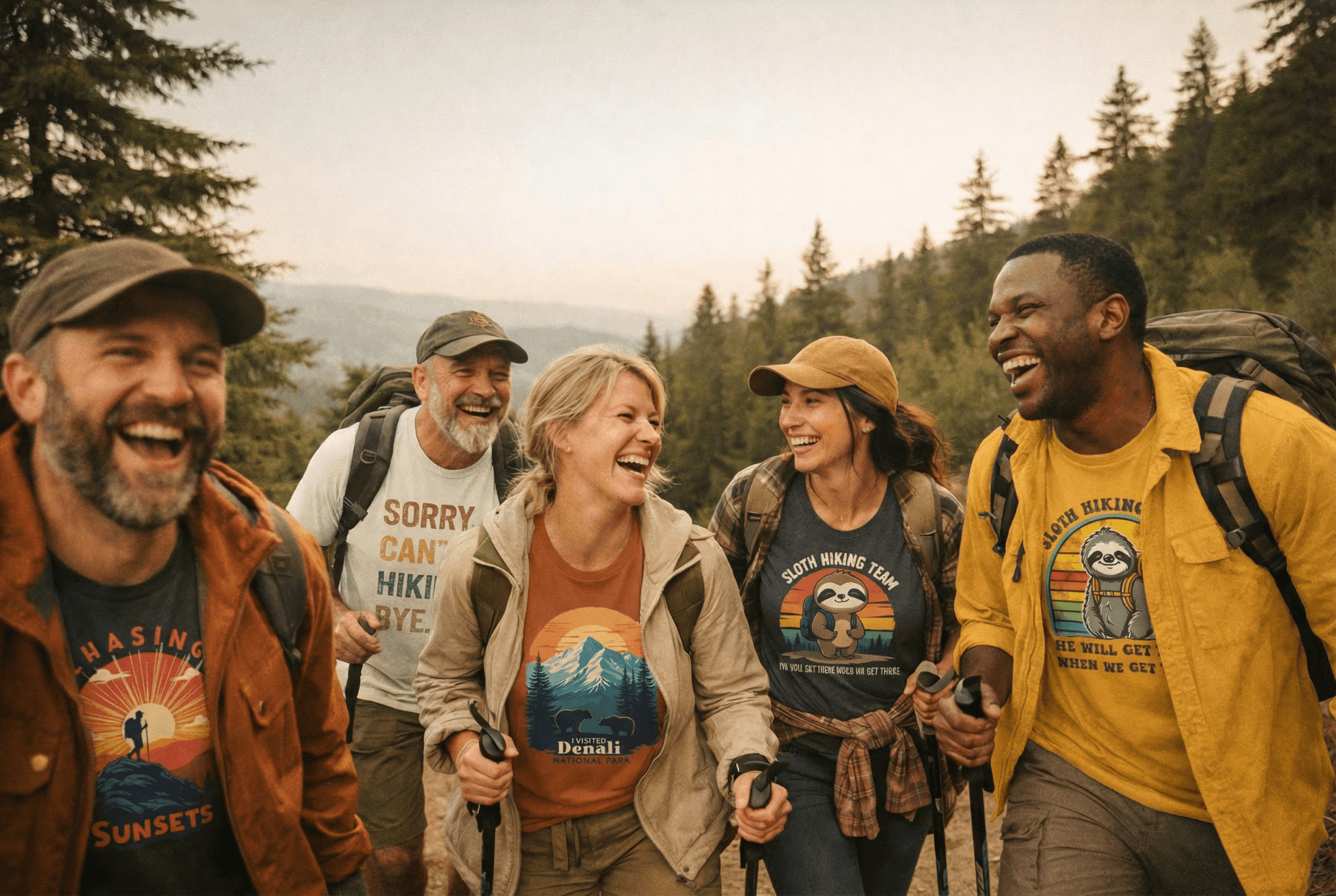 Group of hikers laughing together on a forest trail during a mountain hike at sunset.