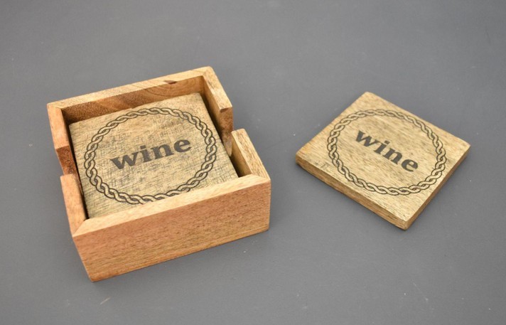 Handcrafted wooden wine coasters with storage holder