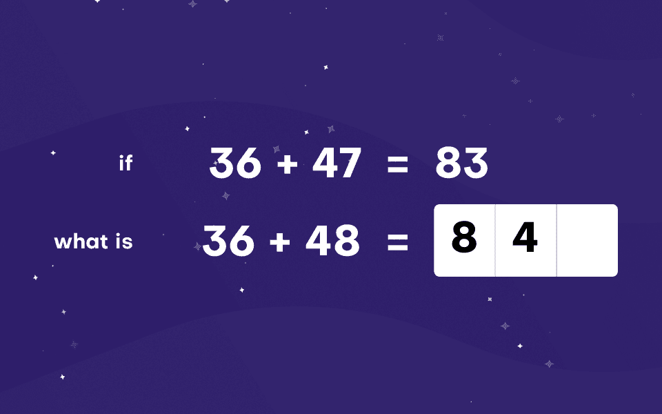 Talamo test screen, Derived Facts (Sums): ‘if 36 + 47 = 83, what is 36 + 48?’ with the answer 84 being typed.