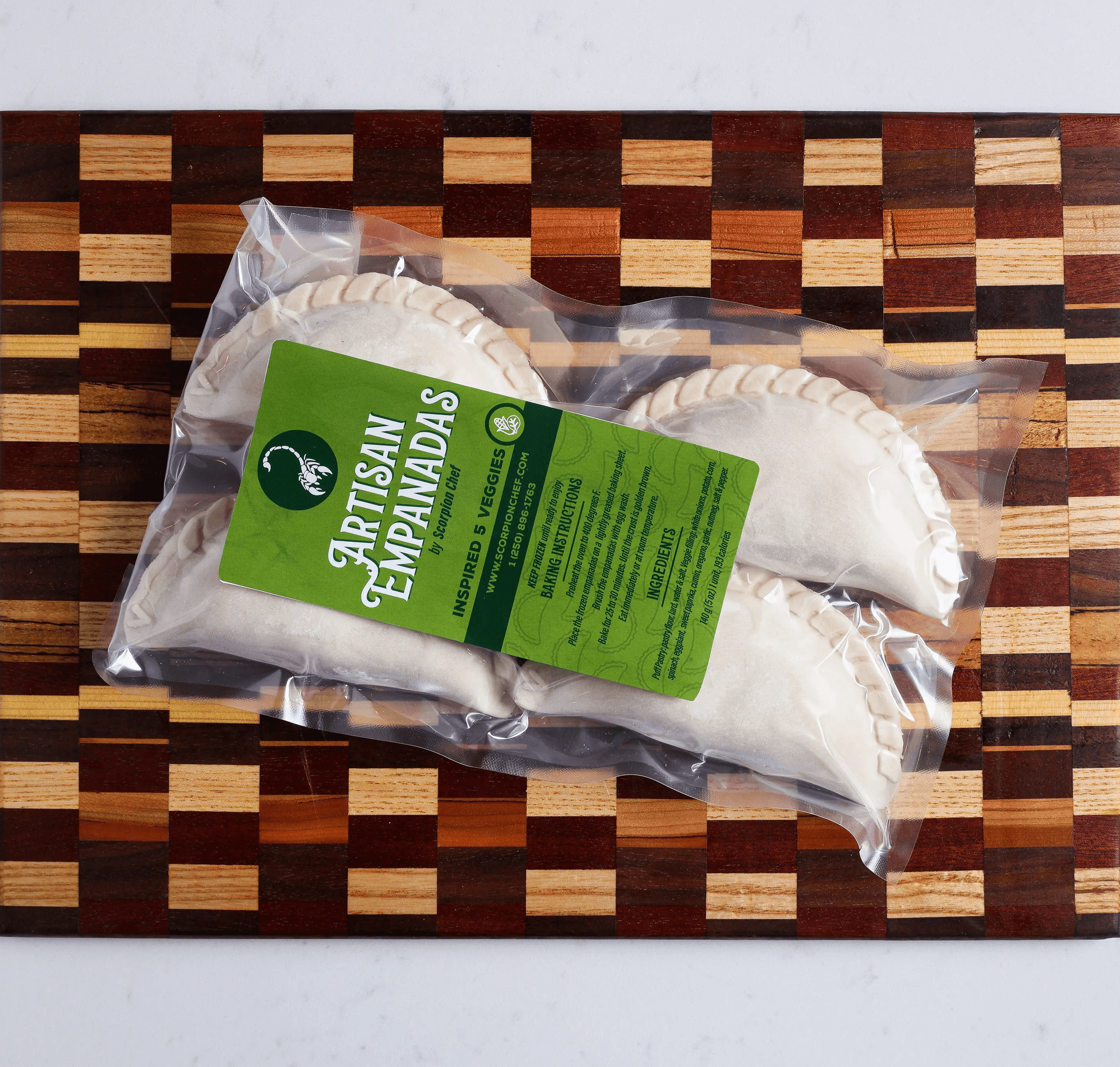 Scorpion Chef frozen vegan five inspired veggies artisan empanadas package Vancouver Island