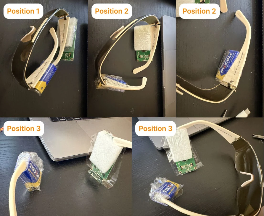Sports sunglasses with simulated battery and PCB weights fixed in four test positions.